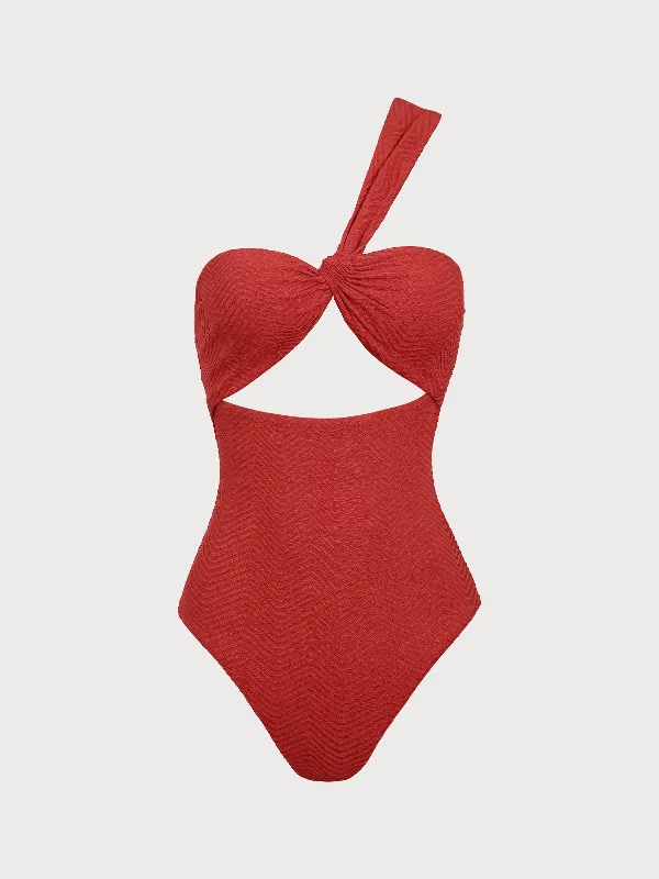 Red Textured One Shoulder One-Piece Swimsuit