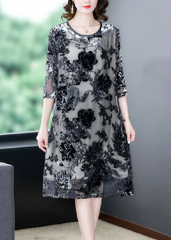 Elegant Black Grey Embroideried Patchwork Silk Dresses Summer