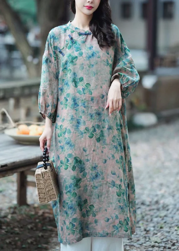 Organic Green Stand Collar Print Button Patchwork Linen Dresses Puff Sleeve