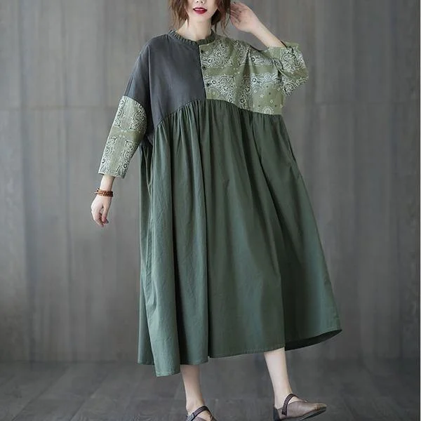 Oversized Women Cotton Linen Casual Dress Vintage Style Patchwork Color Loose Female Long Dresses