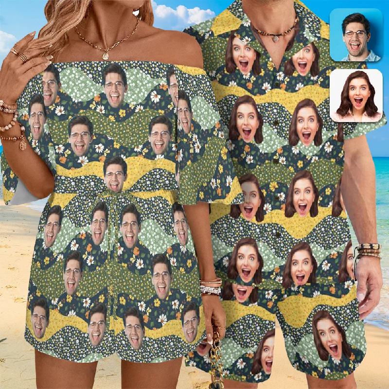 Couple Matching Hawaiian Set Romper Custom Face Green Men's Hawaiian Shirt Set Women's Off Shoulder Knot Front Pocket Romper For Summer Beach Holiday