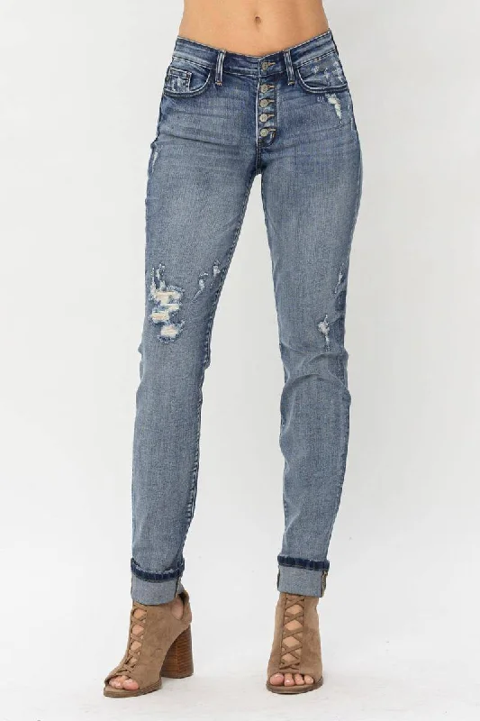 Judy Blue Mid-Rise Button Fly Contrast Wash Cuffed Boyfriend Jeans