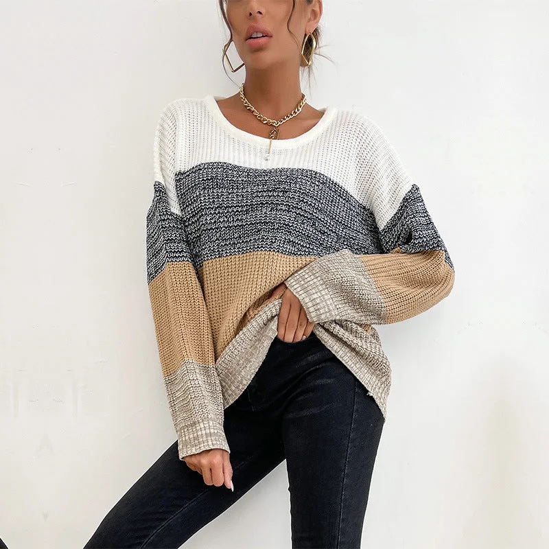 Colorblock Long Sleeve Women Loose Knitwear Wholesale Sweater Vendors