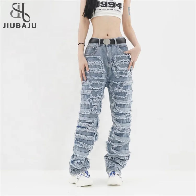 New Women's Jeans With Hole Ripped Patch High Street Denim Pants Casual Slim Blue Jeans Trouser