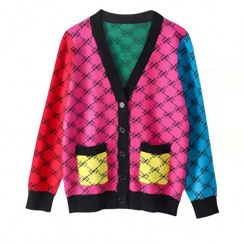 2022 brand women's clothing rainbow contrast color slimming fashion all-match knitted cardigan sweater jacket