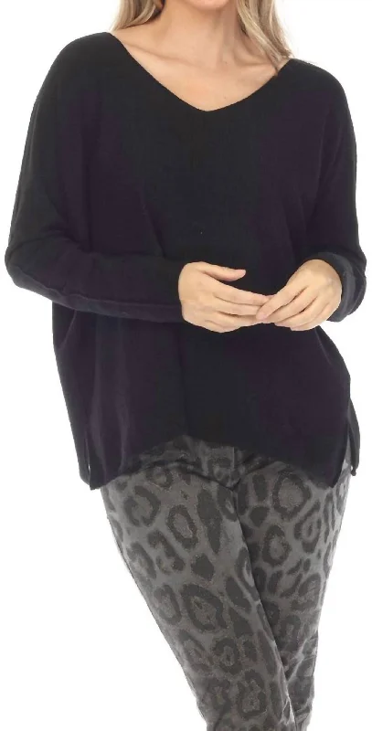 Solid V-Neck Shimmer Sweater In Black