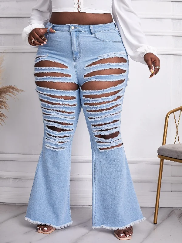 Plain Ripped Natural Long Plus Size Jeans