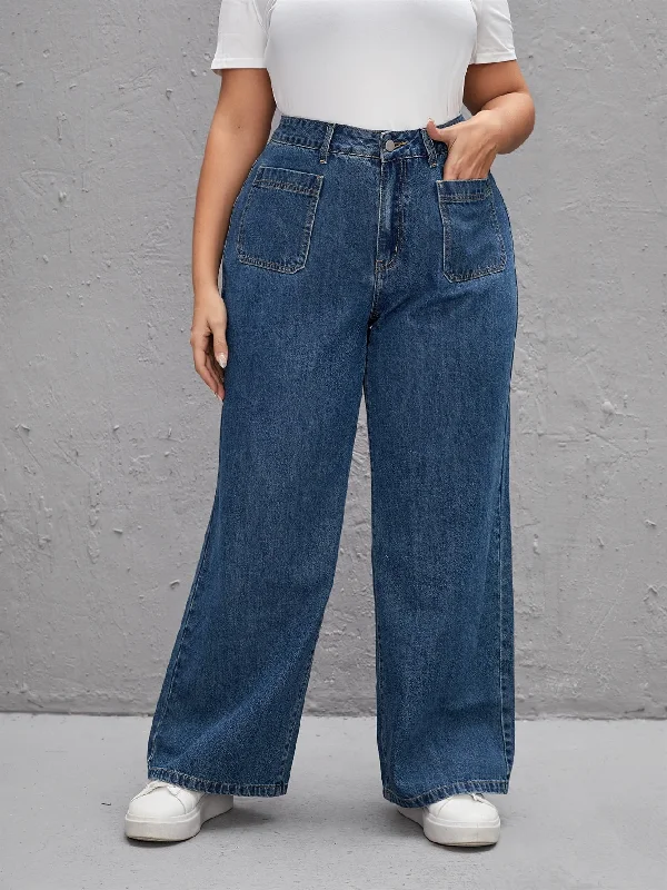 Plain Washed High Waist Long Plus Size Jeans