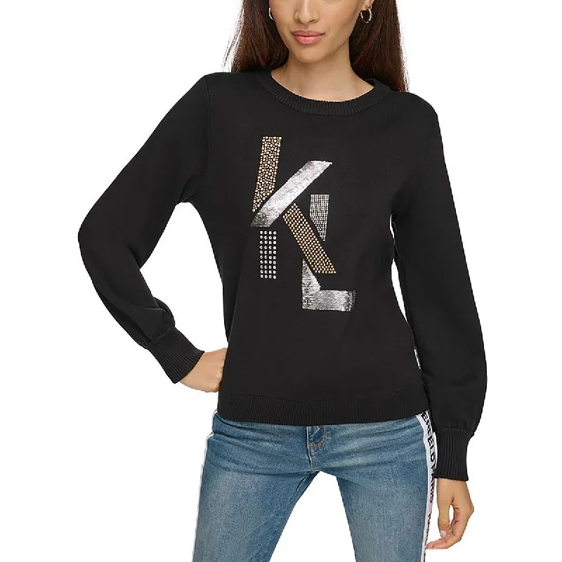 Womens Embellished Logo Pullover Sweater