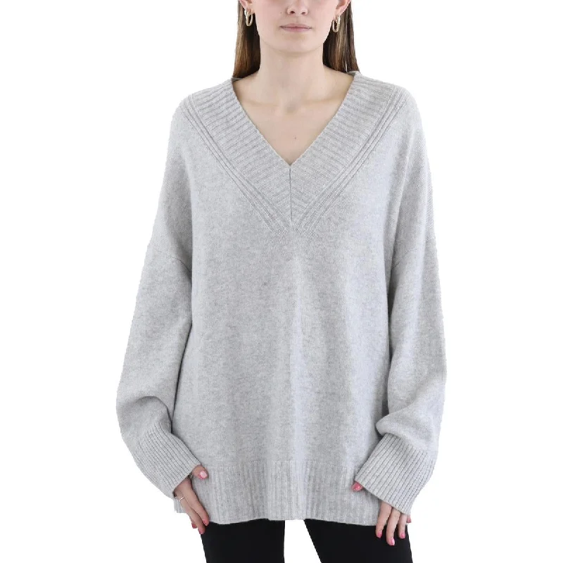 Womens Ribbed Trim  Cashmere Pullover Sweater