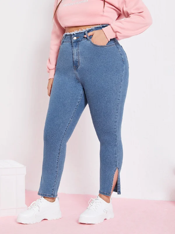 Plain Zipper High Waist Long Plus Size Jeans