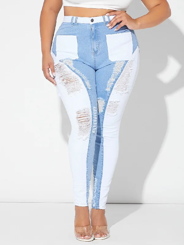 Colorblock Zipper High Waist Long Plus Size Jeans