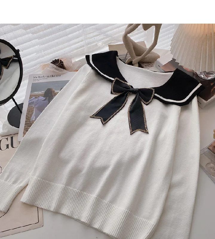 Long sleeved sweater personalized bow Navy collar top  6597