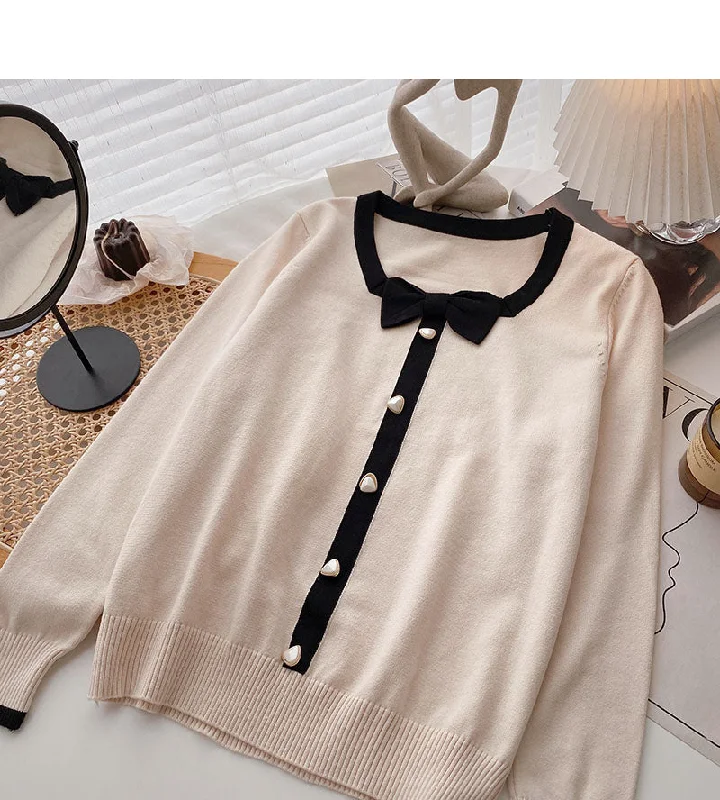 Knitwear Vintage bow color matching long sleeve top  6588