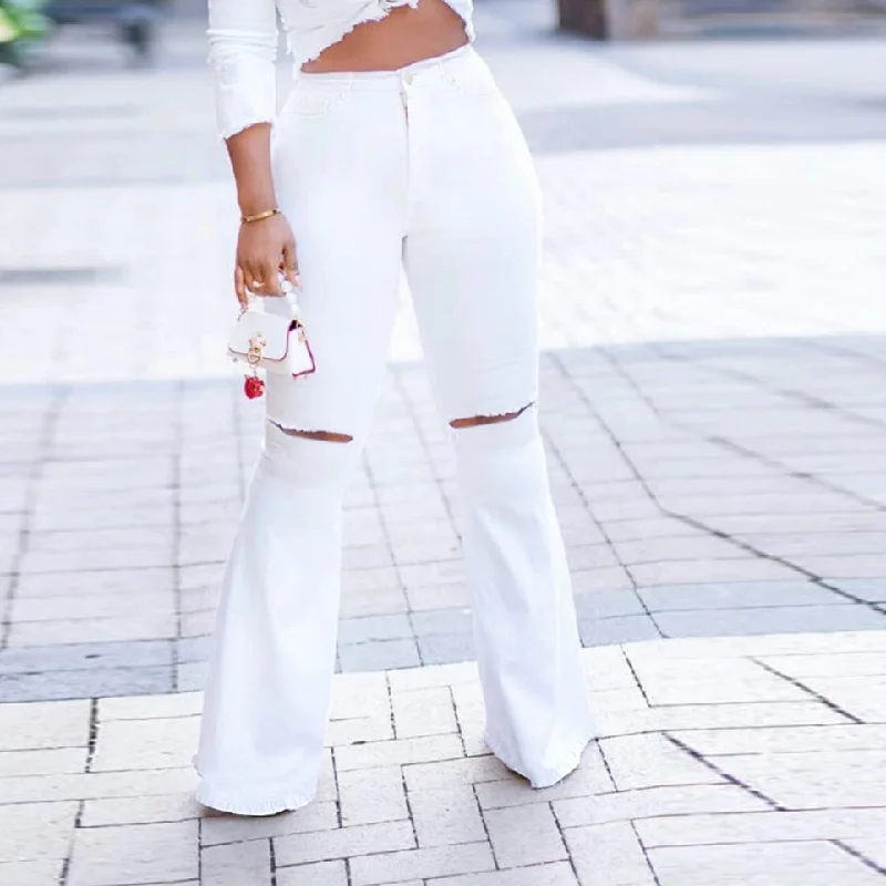 White High Waist Maxi Flares Pants Slim Ripped Denim Trousers Wholesale Womens Jeans