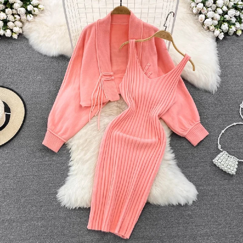 knitted shawl jacket two-piece set for women V-neck suspender dress       S4119