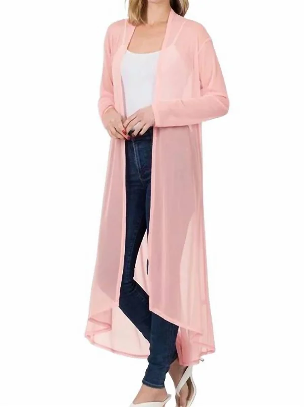 Mesh Long Open Front Cardigan In Dusty Pink