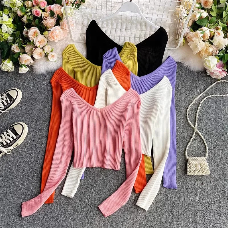 Sweater new v-neck long-sleeved t-shirt women's top      S4180