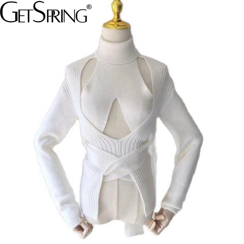 Women Sweater Hollow Out Bandage Turtleneck Pullover Sweater Irregular White Knitting Tops Women 2022 New Fashion